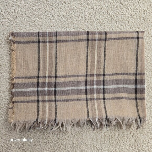 Wool Lightweight Tan Plaid Scarf - Picture 10 of 14
